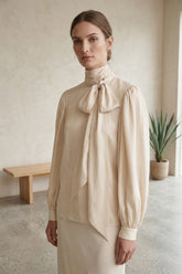 Beige Silk Satin-Twill Tie-Neck Blouse