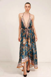 Blue Grey Baroque Scarf Print Halter Maxi Dress