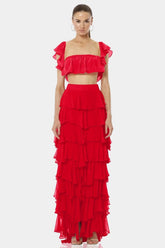 Almyra Flaming Red Ruffle Maxi Skirt With high Split