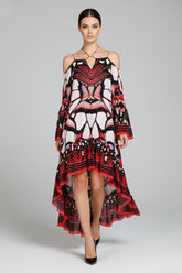 Annabella Butterfly-Print Handkerchief-Hem Off the Shoulder Dress