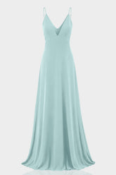 Aqua Green Spaghetti Strap Plunge V-Neck Satin Fit & Flare Maxi Dress