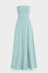 Aqua Green Strapless Front Slit Satin Georgette Maxi Dress