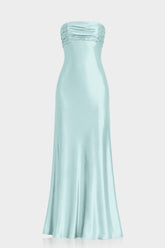 Aqua Green Strapless Ruched Satin Maxi Dress