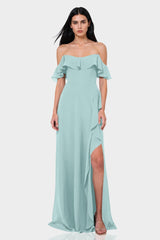 Aqua Green Off-Shoulder Ruffle Chiffon Fit & Flare Maxi Dress