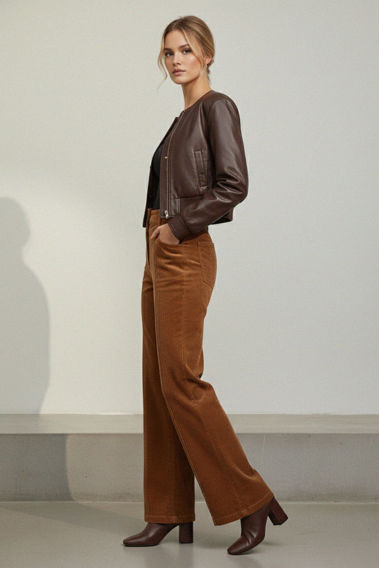 Auburn Luxe Women's Cropped Leather Jacket & Corduroy Wide-Leg Trousers Set