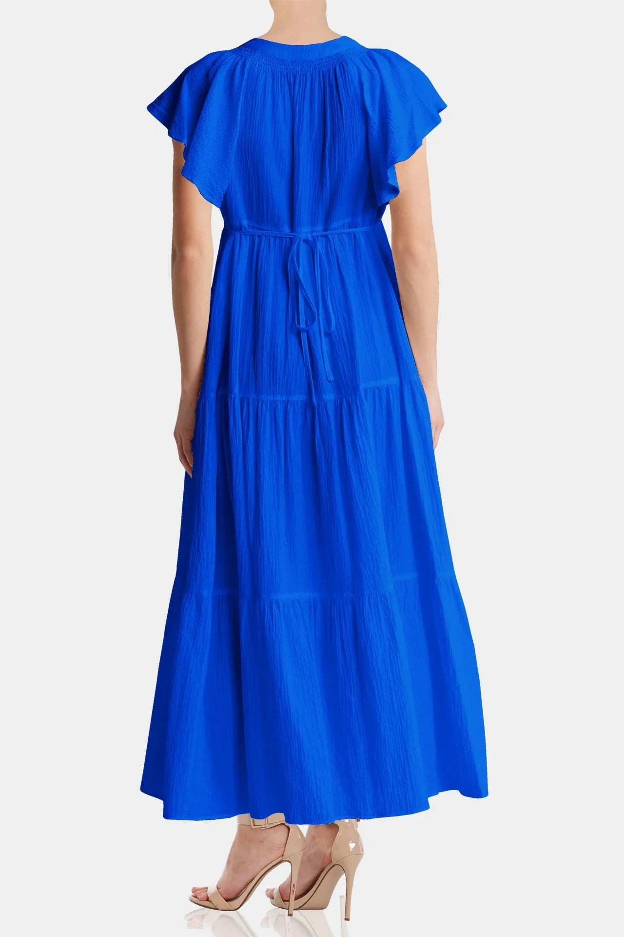 Blue Flutter Sleeve Long Dress