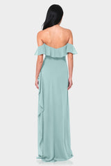 Aqua Green Off-Shoulder Ruffle Chiffon Fit & Flare Maxi Dress