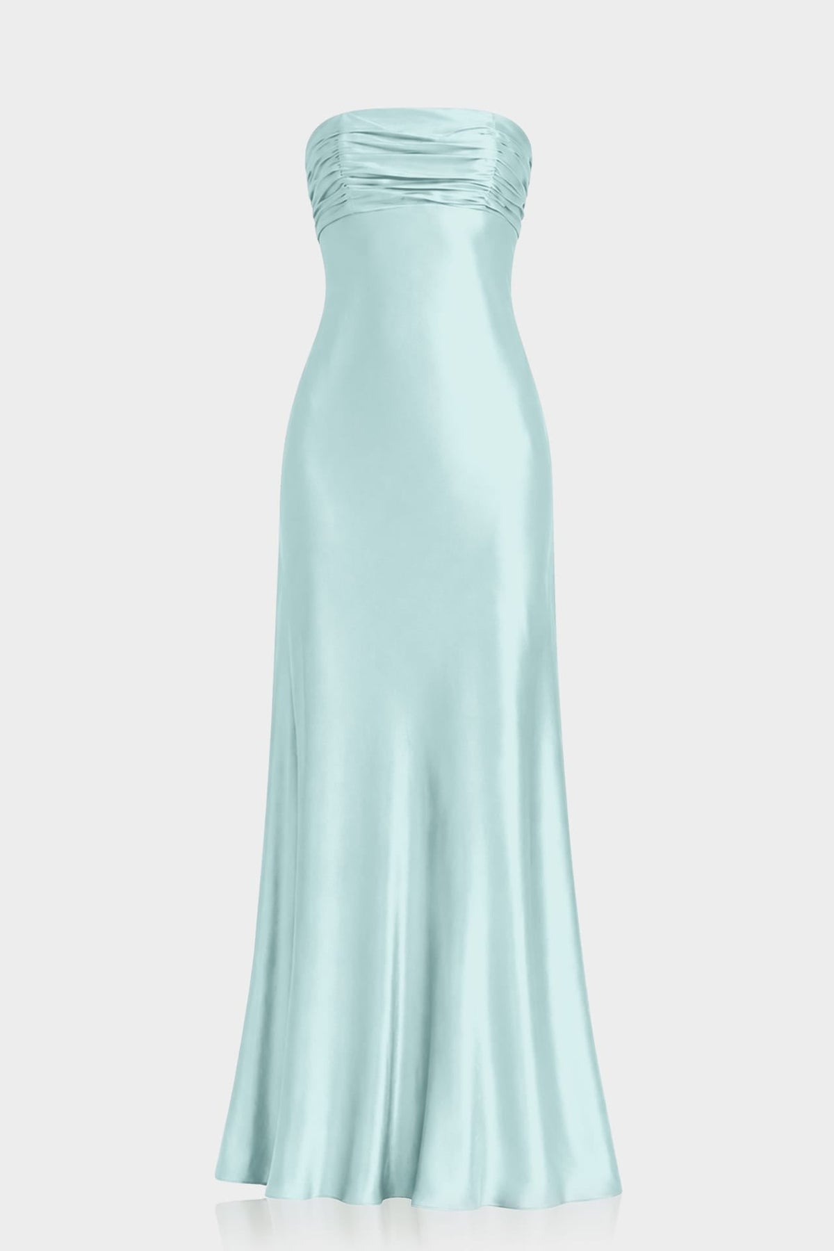 Aqua Green Strapless Ruched Satin Maxi Dress
