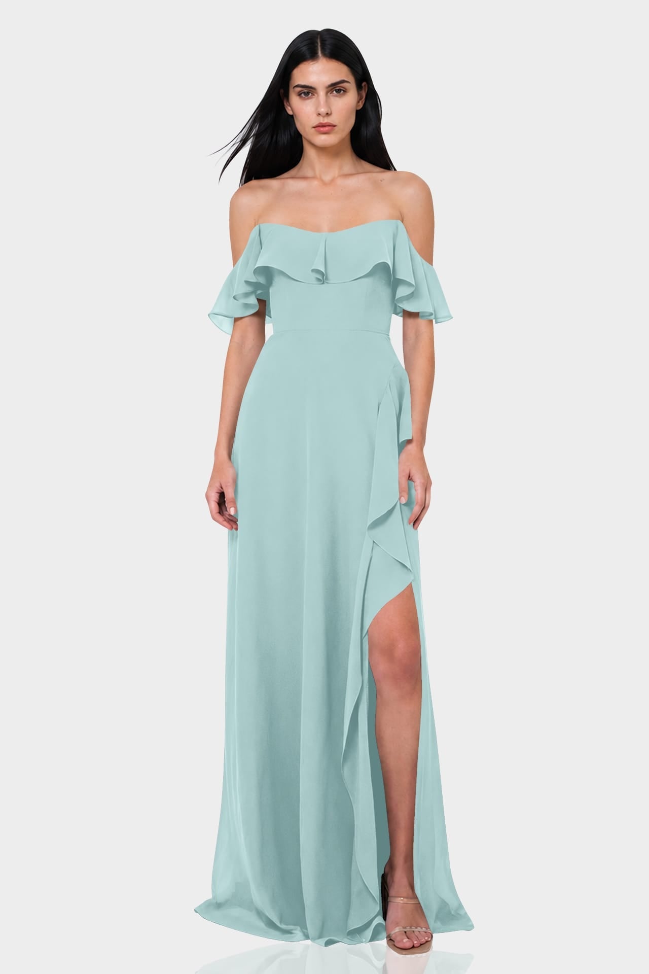 Aqua Green Off-Shoulder Ruffle Chiffon Fit & Flare Maxi Dress