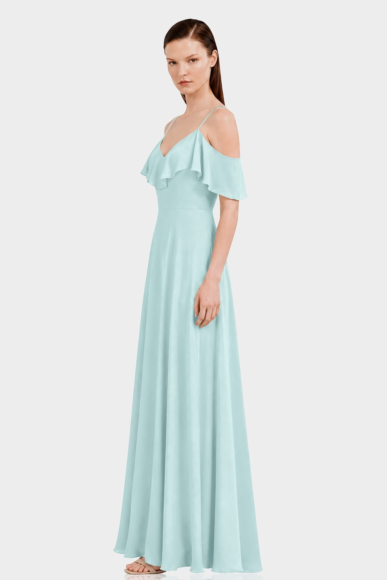 Aqua Green Off-Shoulder Ruffle Chiffon Fit & Flare Maxi Dress