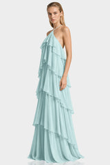 Aqua Green Tiered Ruffle Halter Chiffon Maxi Dress